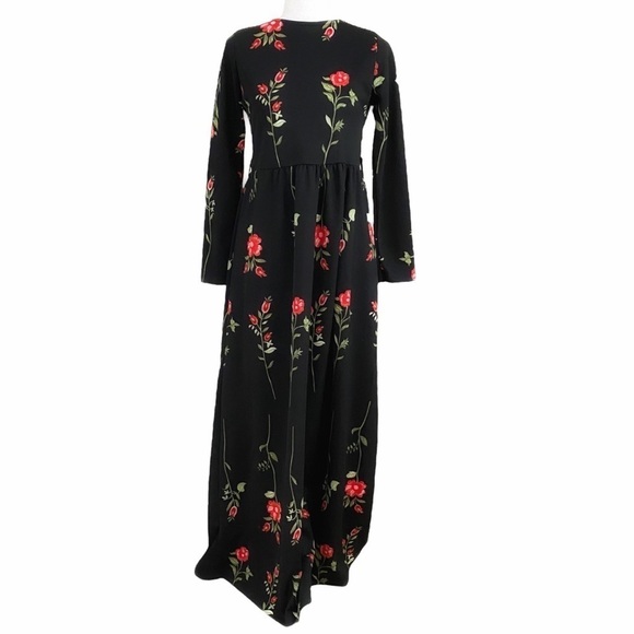 SELMA SARI BLACK RED FLORAL LONG SLEEVE MAXI DRESS - 6 - Picture 1 of 9